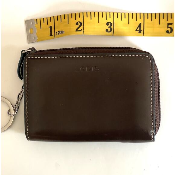 Lodis Brown & Teal Leather Credit Card Wallet with Key Ring Zip Around - Picture 5 of 6